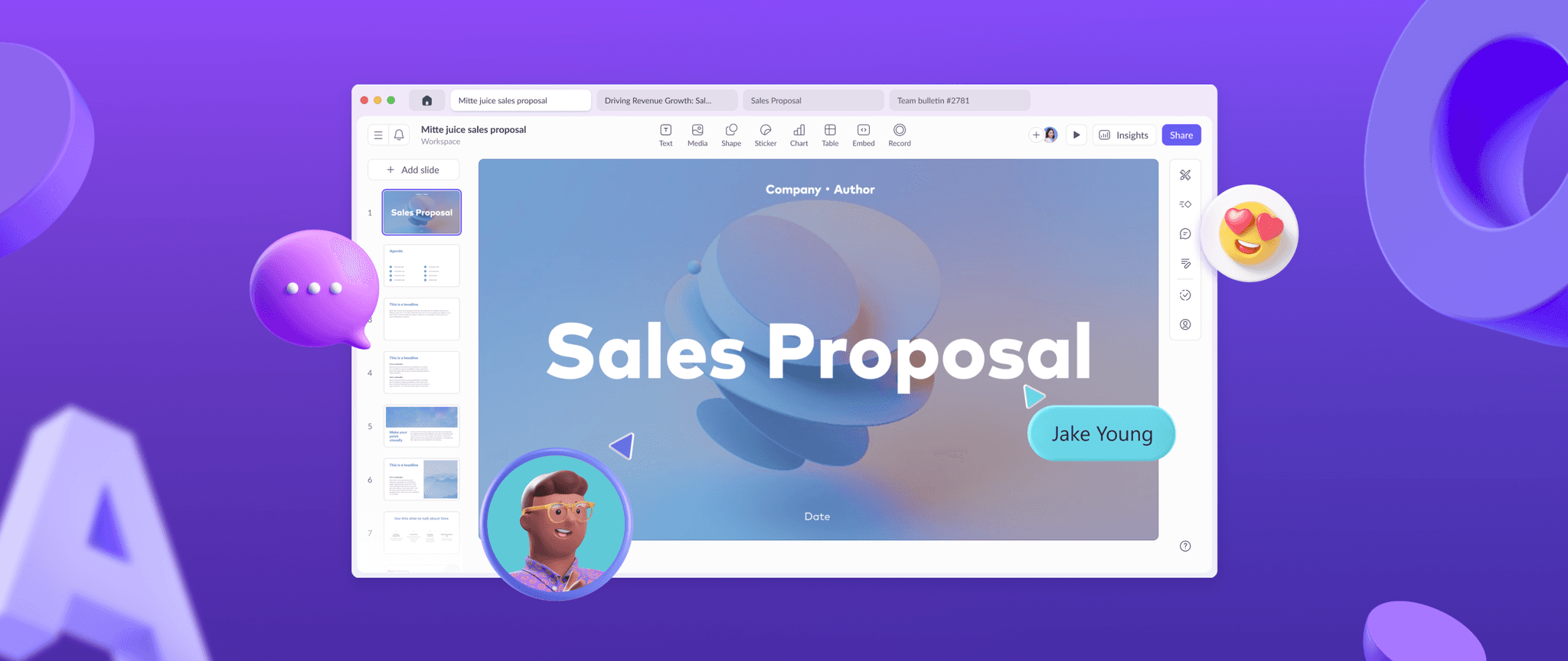 Pitch workspace showing presentation cards and sidebar navigation